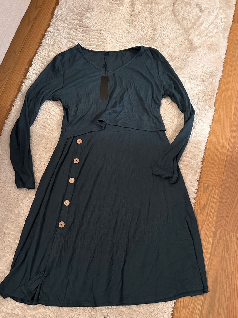Long Sleeve Nursing Dress with Side Sleeve Button Detail — Dark Teal